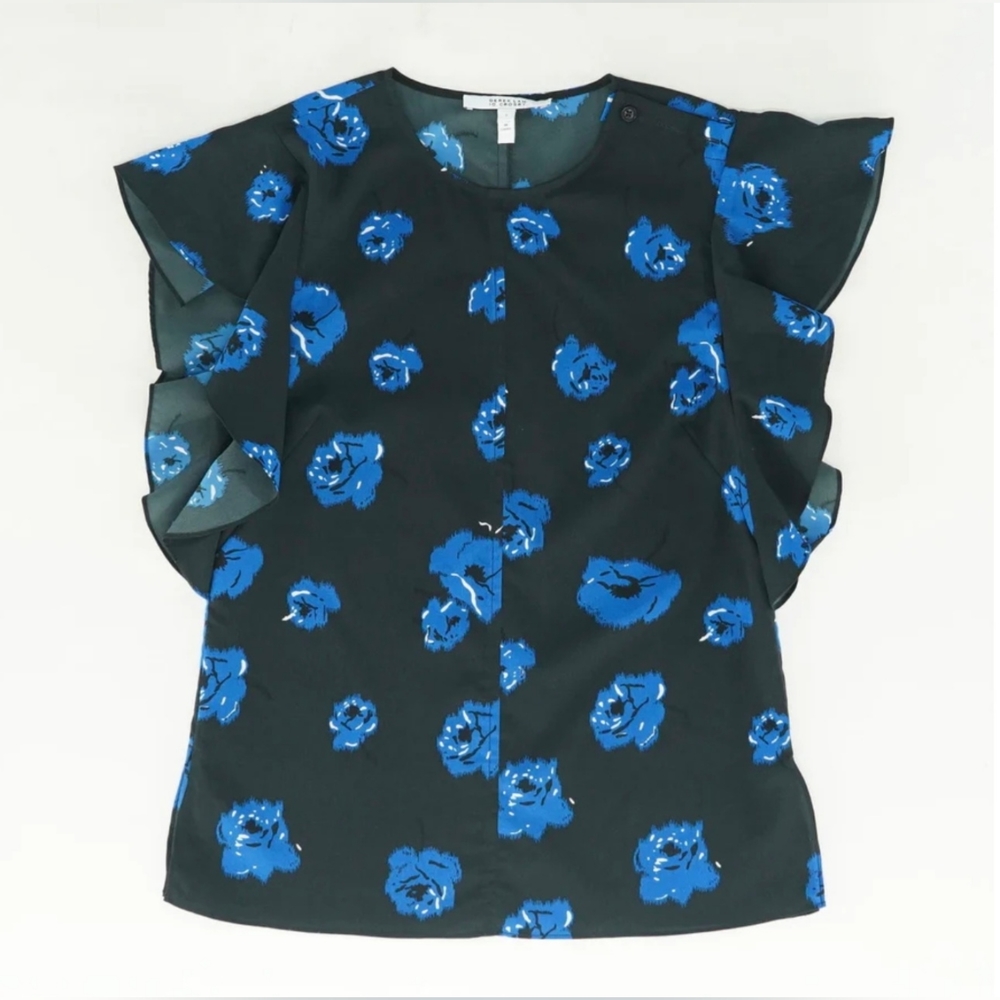 Derek Lam 10 Crosby Black Floral Print Ruffle Sleeve Blouse Size 2